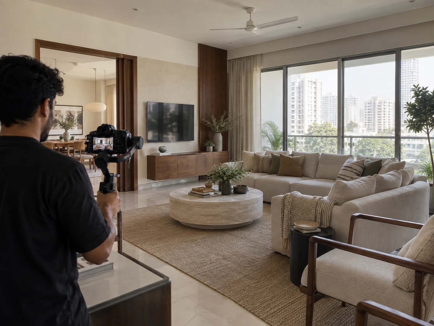 An illustrative scene shows a camera operator filming a carefully prepared residential interior.
