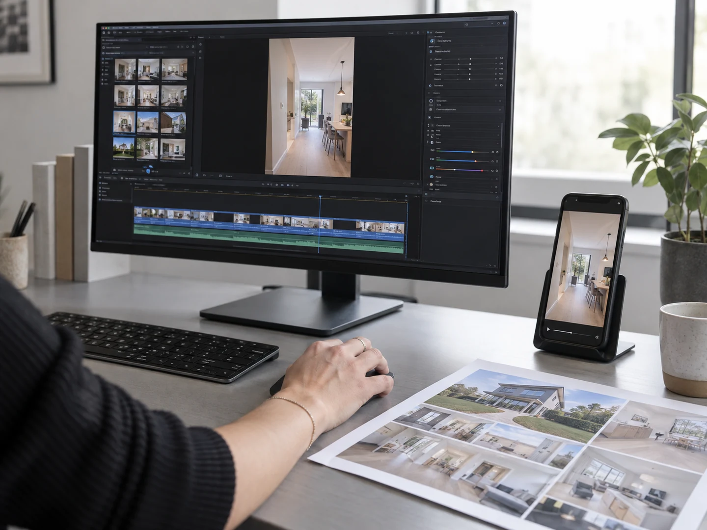 Illustrative editor preparing a vertical property reel on a monitor and phone
