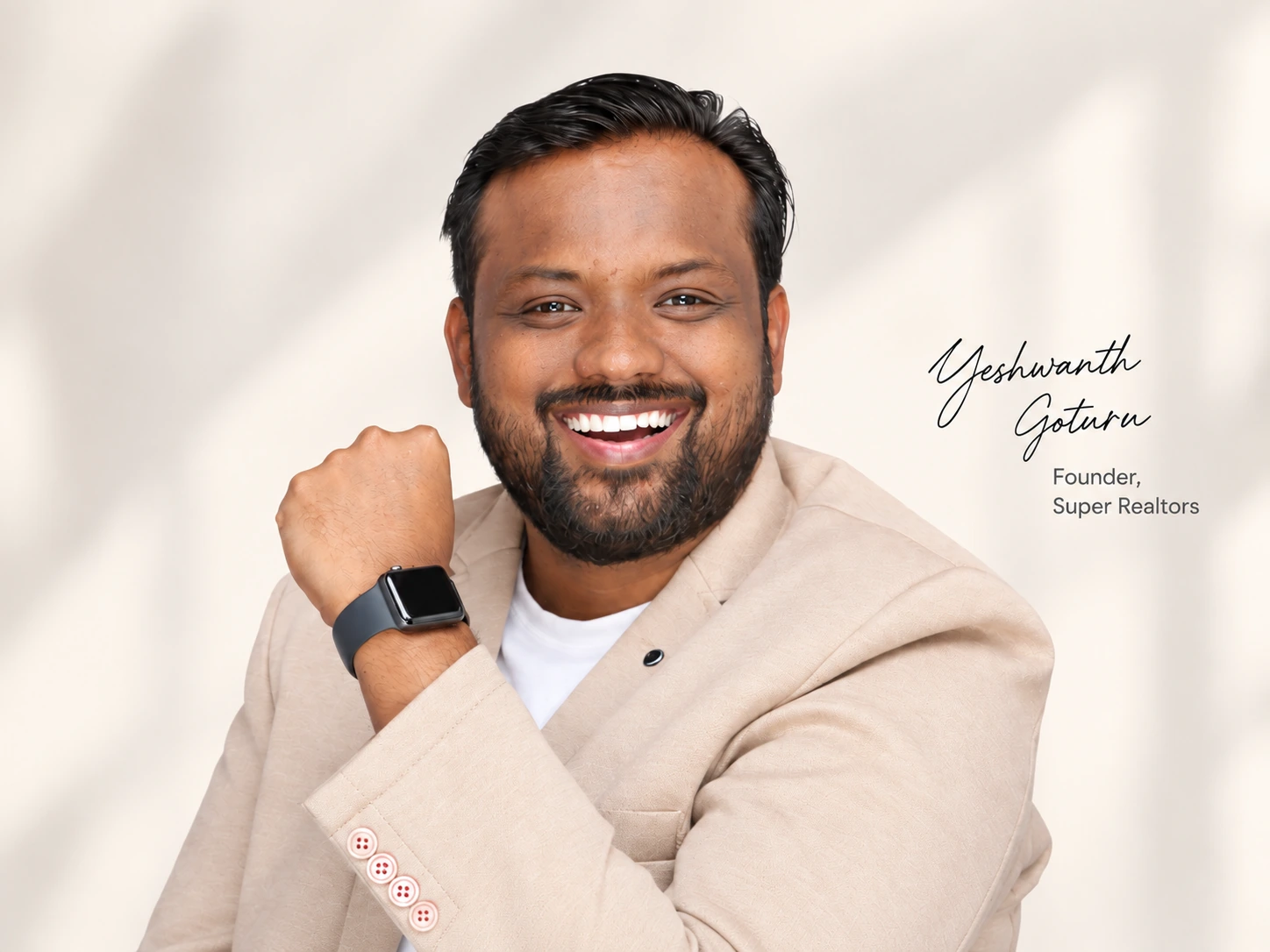 Yeshwanth Goturu in a beige jacket, with his handwritten name and Founder, Super Realtors caption
